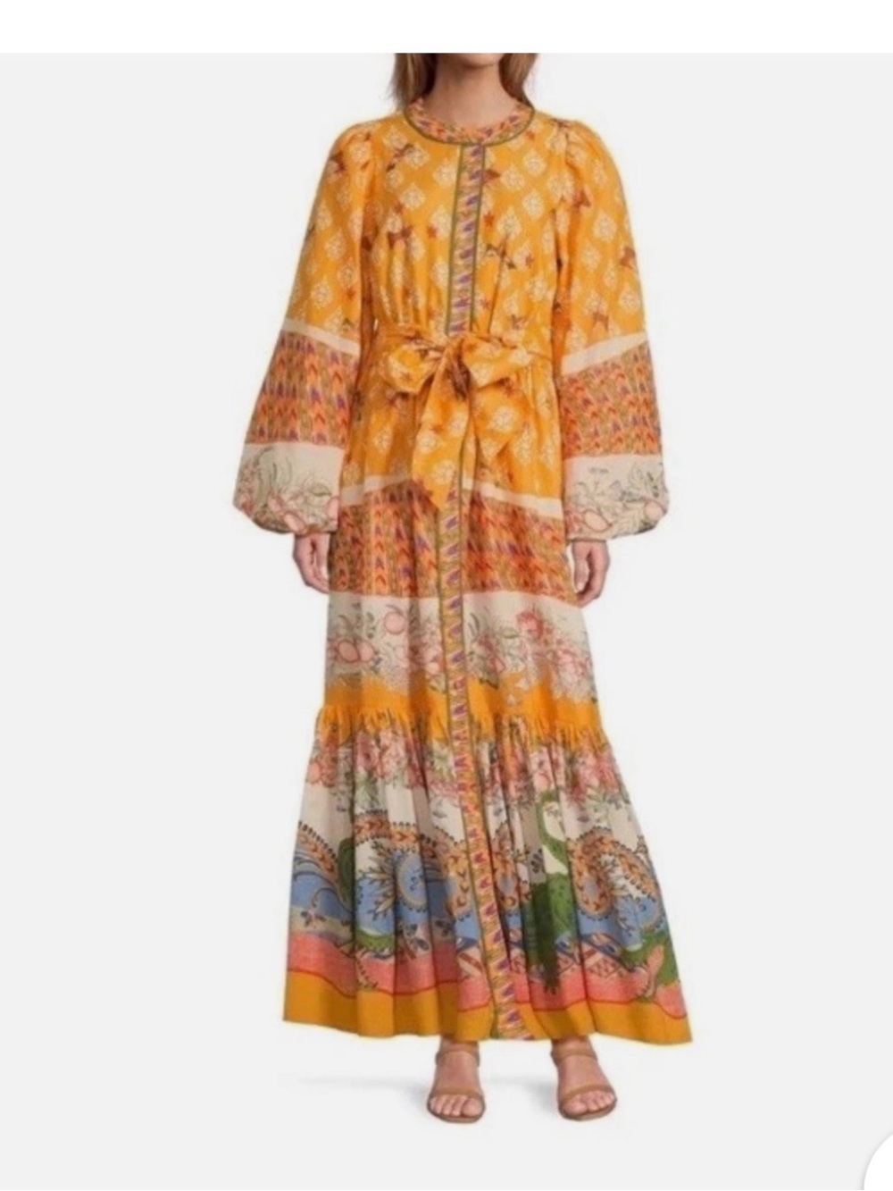 Bohemian Yellow Floral-Print Maxi Dress with Tie Belt